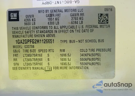 2017 Chevrolet Express 3500 Lt from USA, damaged, VIN 1GAZGPFG2H1126651